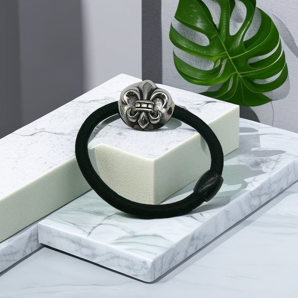 Chrome Hearts Cross Anchor Scout Flower Rubber Band 925 Sterling Silver Bracelet